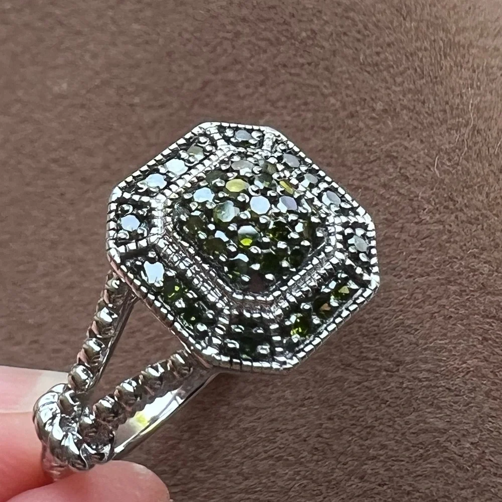 JS Affinity Sterling Silver & Pave Green Diamond Ring π - Picture 8 of 14